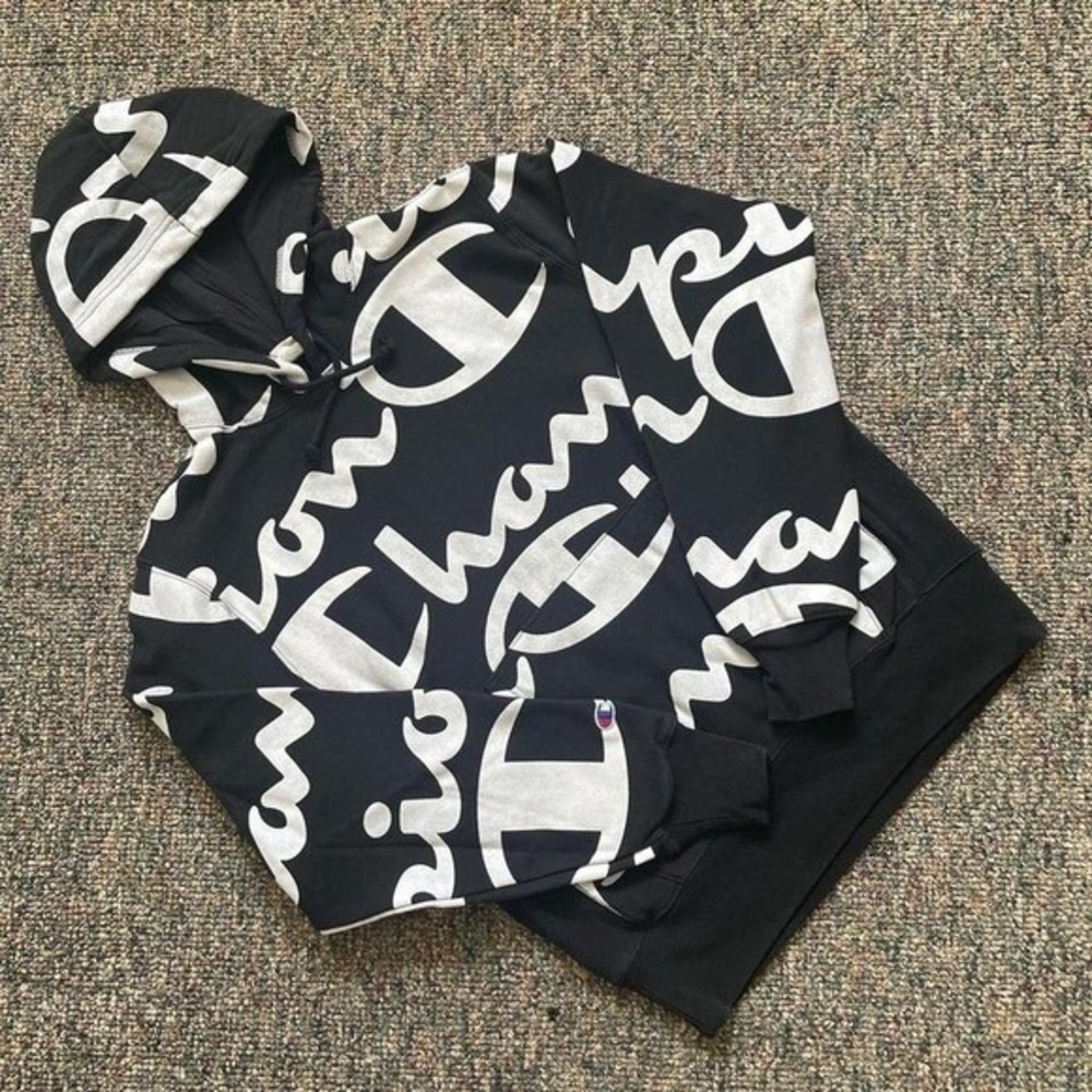 Champion Reverse Weave Hoodie All Over Print Logo Black White‎ Mens Medium